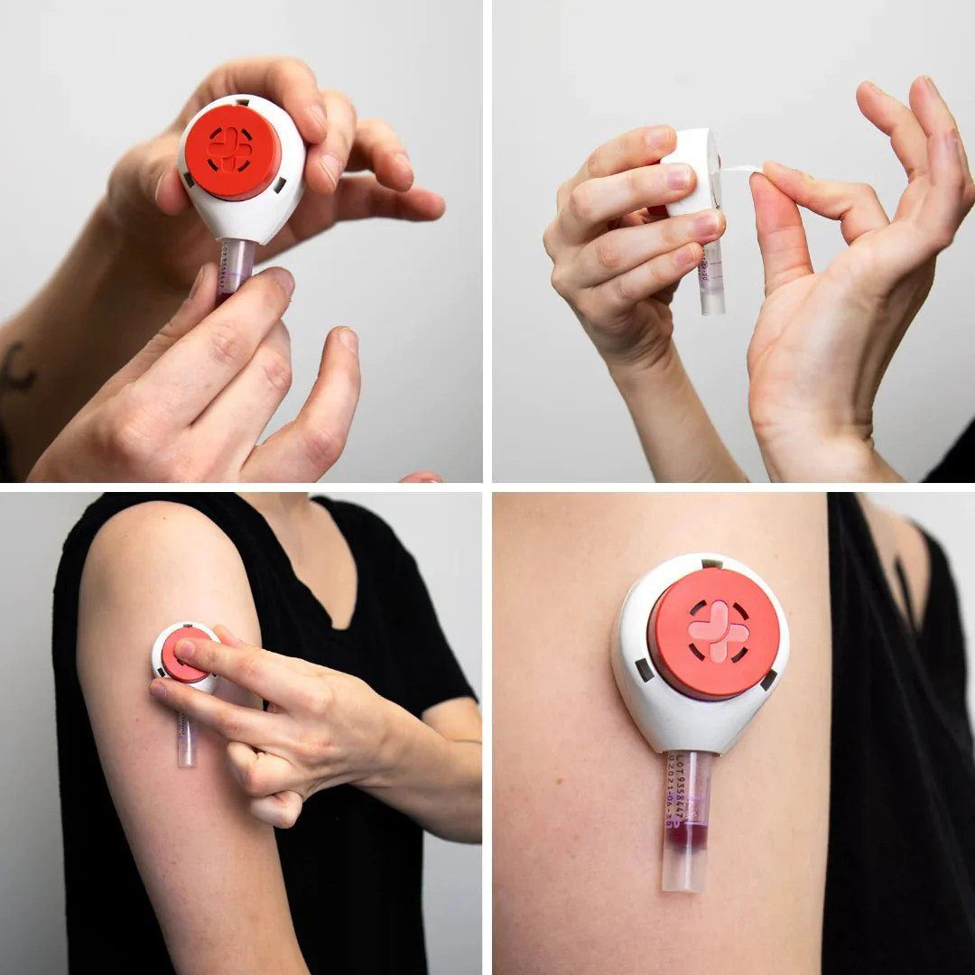A woman uses the EarlyReveal Tap Test device to perform a genetic test with a needle on her arm for accurate results.
