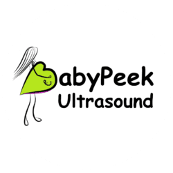 Circular logo of BabyPeek Ultrasound featuring a baby silhouette in a heart, symbolizing prenatal imaging services.