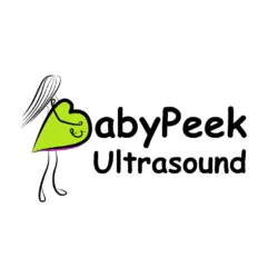 Circular logo of BabyPeek Ultrasound featuring a baby silhouette in a heart, symbolizing prenatal imaging services.